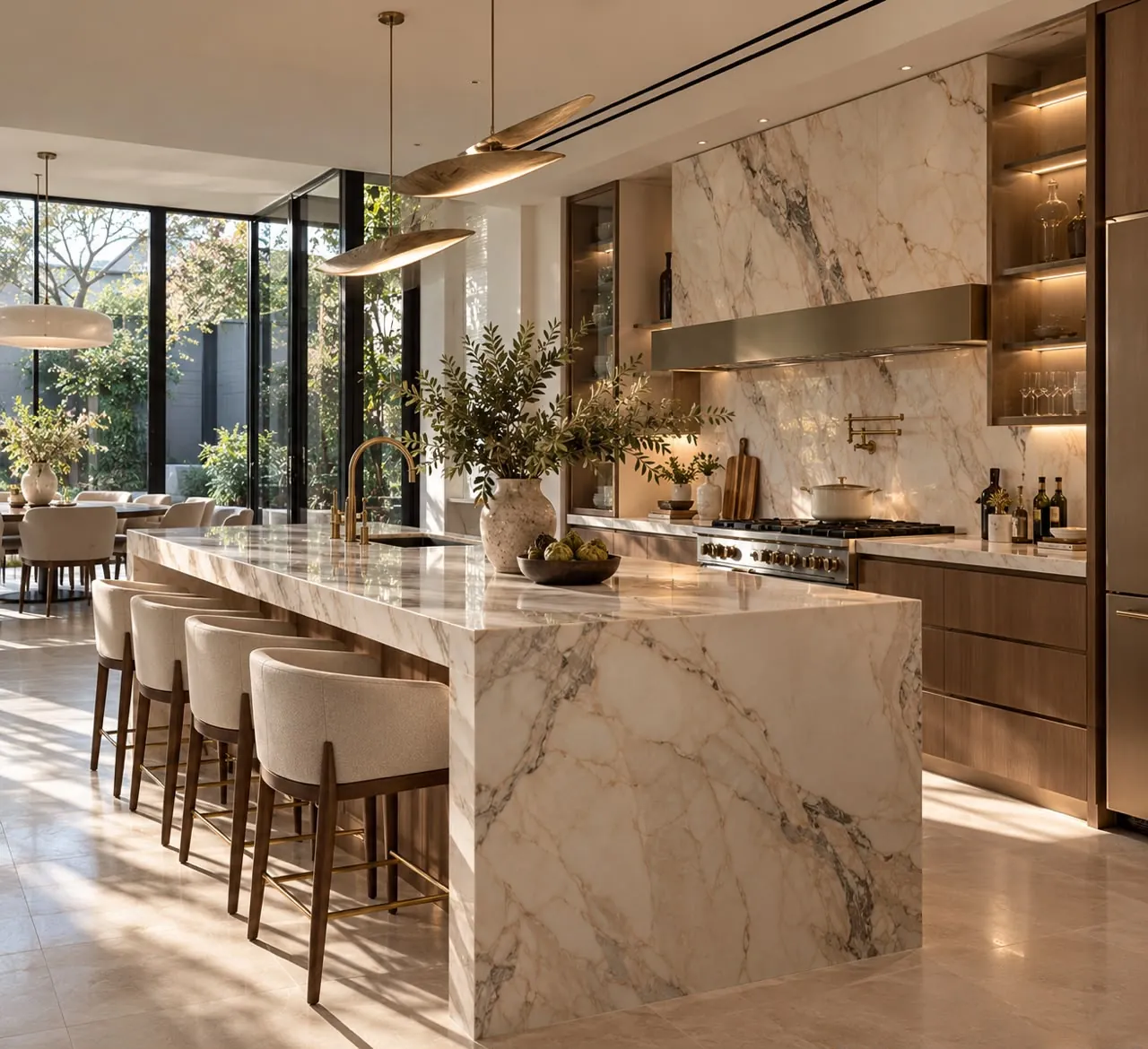 Kitchen with a marble waterfall island, pendant lights and garden views