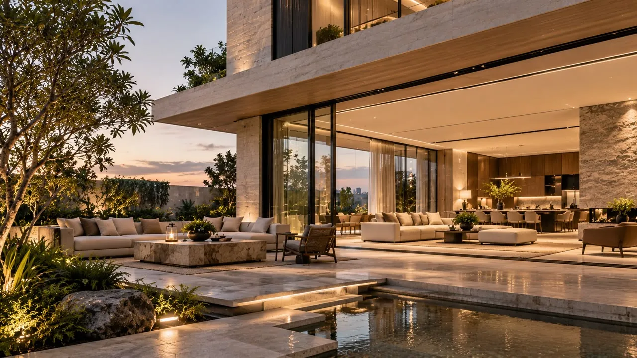 Villa terrace at dusk with an outdoor lounge and reflecting pool
