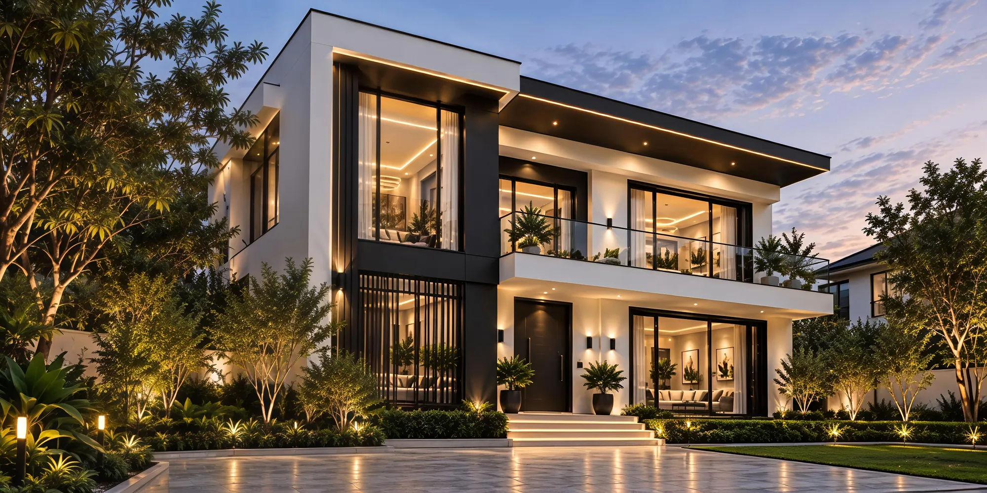 Contemporary two-storey villa at dusk with warm lighting and landscaped garden