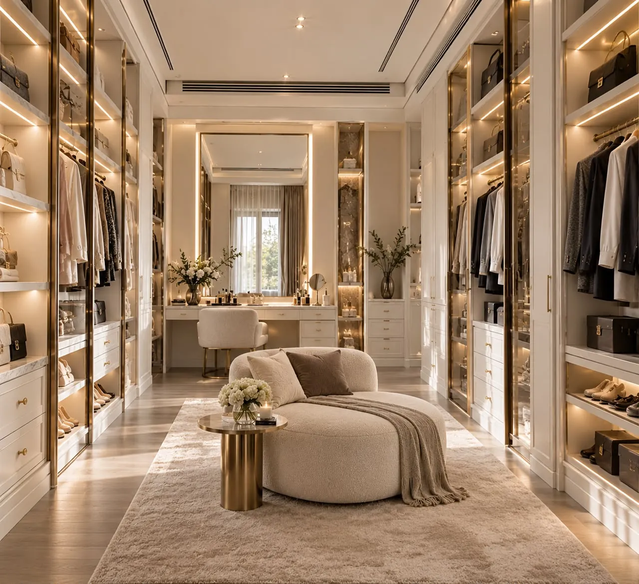 Walk-in wardrobe with lit open shelving and a cream lounge chair