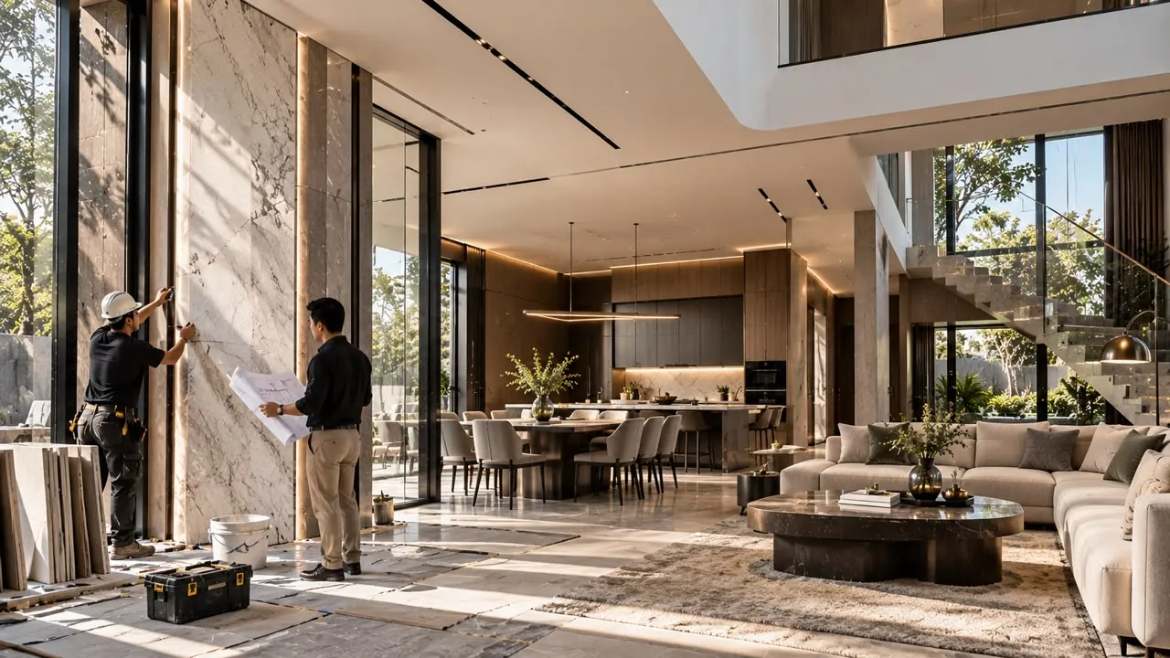 Installation team fitting a stone wall panel in an open living space