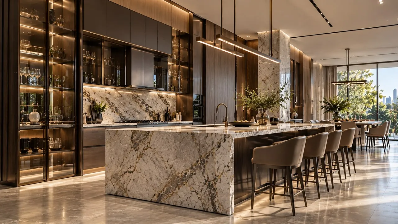 Kitchen with a marble island, dark timber cabinetry and lit glass display shelving